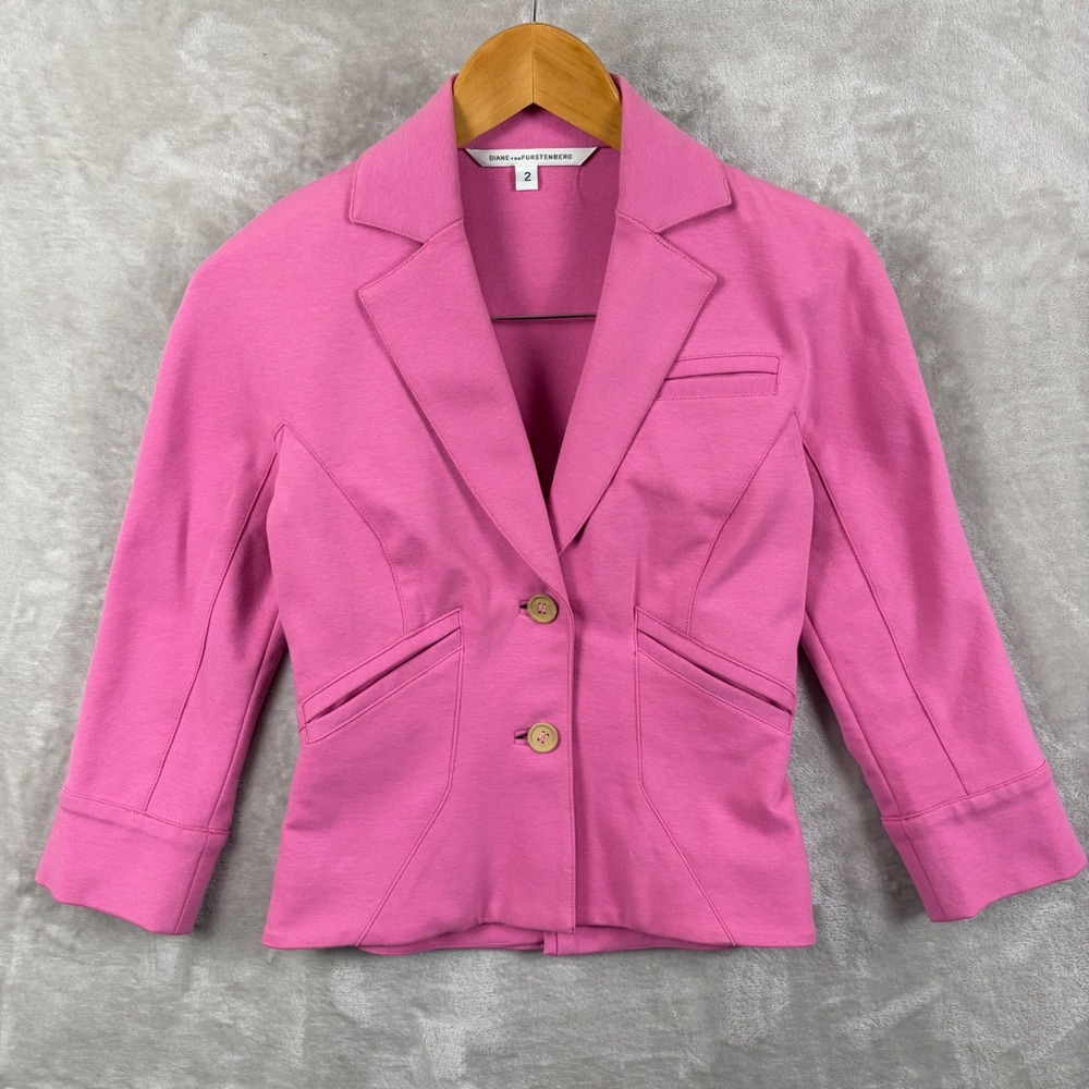 Diane von Furstenberg Topher Pink Blazer Jacket Size 2 Stretch 3/4 Sleeve Peplum